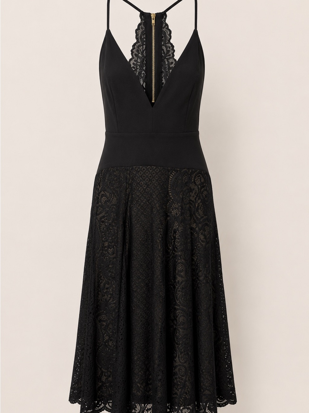 Windsor Black Lace Midi Dress with Deep V and Gold Zipper-Size S - Picture 1 of 3